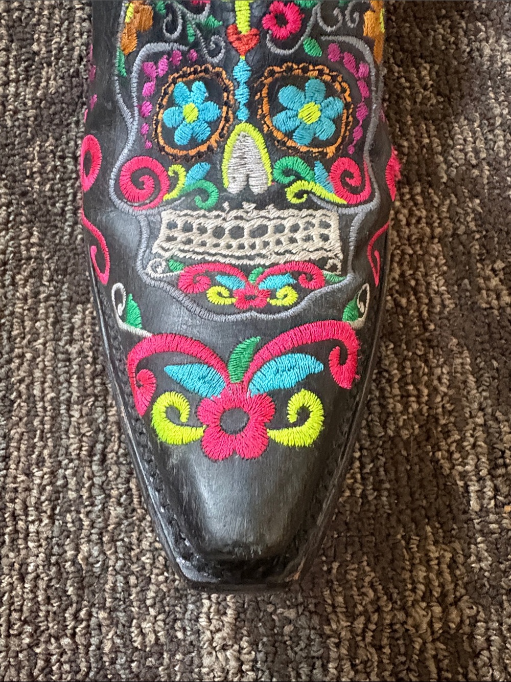 OG Embroidered Black Leather Sugar Skull Cowboy Boots - Vibrant Multicolor - Picture 9 of 10